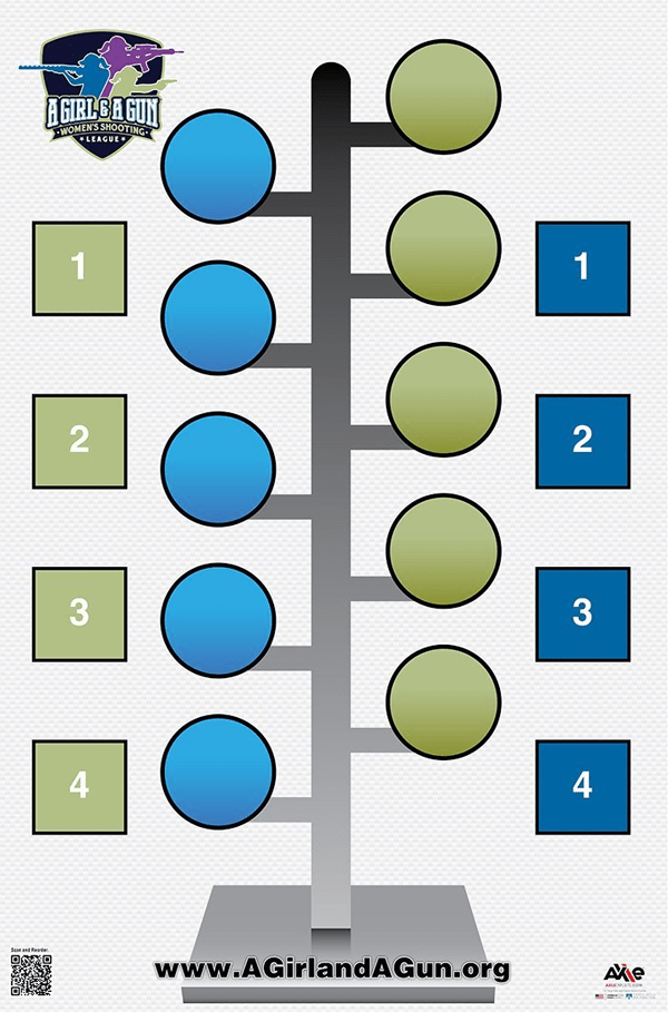 Dueling tree paper target with blue and green paddle circles on a gray stand and numbered squares each side