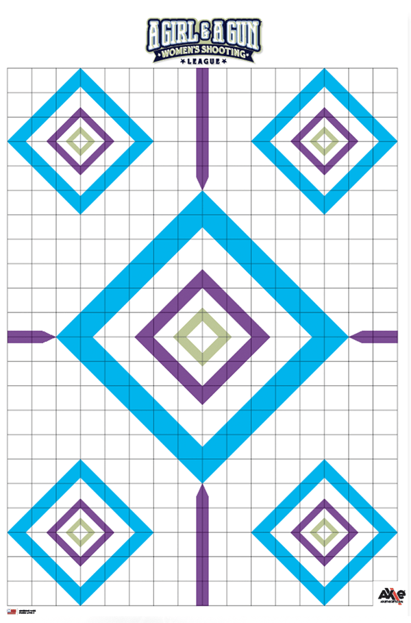 Diamonds sight-in paper target with five nested blue, purple and green diamonds over a measuring grid