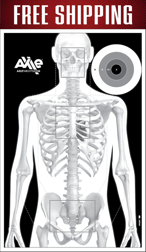 Dark Skeleton paper target below a red free shipping banner, white skeleton on black with a corner bullseye