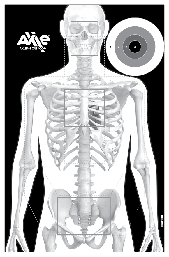 High-contrast skeleton target with white bones on black, dashed silhouette outline and an 8-9-10-X bullseye