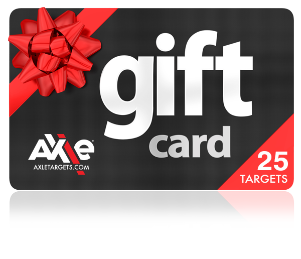 Axle Targets 25 Targets gift card in black with a red bow, gift certificate for paper shooting targets