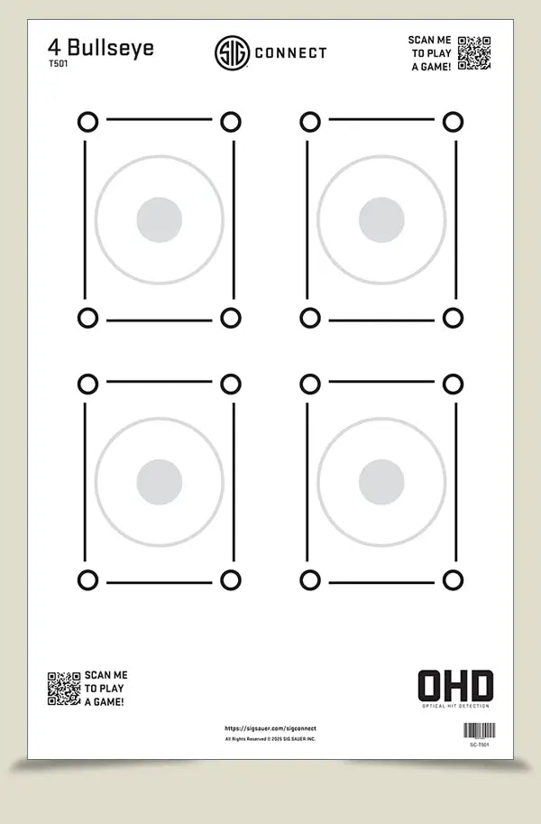 SIG Connect 4 Bullseye OHD paper target, four light gray bullseyes framed by black lines and QR codes