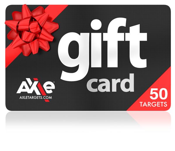 50 Targets gift card from Axle Targets, black card with red ribbon bow and white gift card lettering
