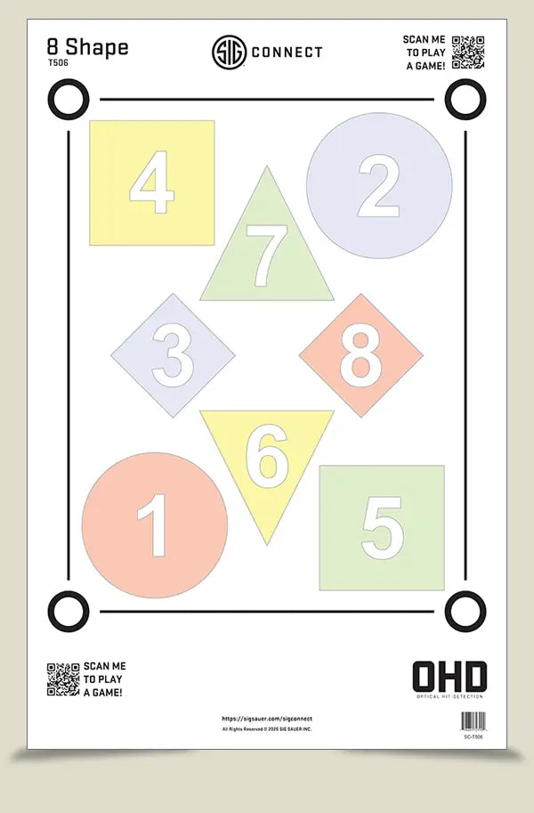 SIG Connect 8 Shape OHD paper target, eight numbered pastel geometric shapes for reactive drill work