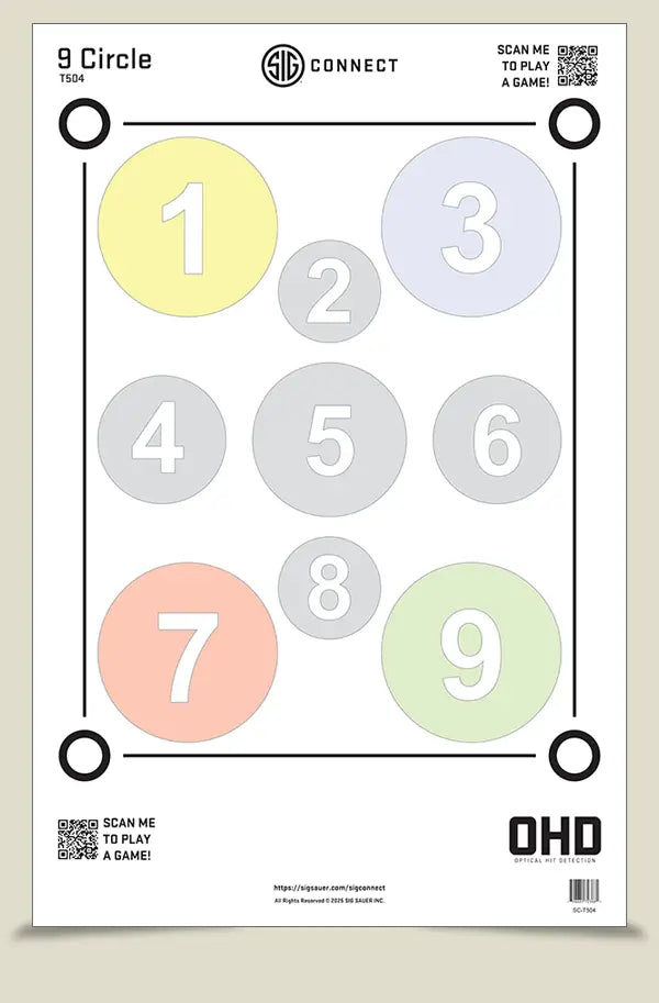 SIG Connect 9 Circle OHD paper target, nine numbered circles in yellow, gray, red and green pastels