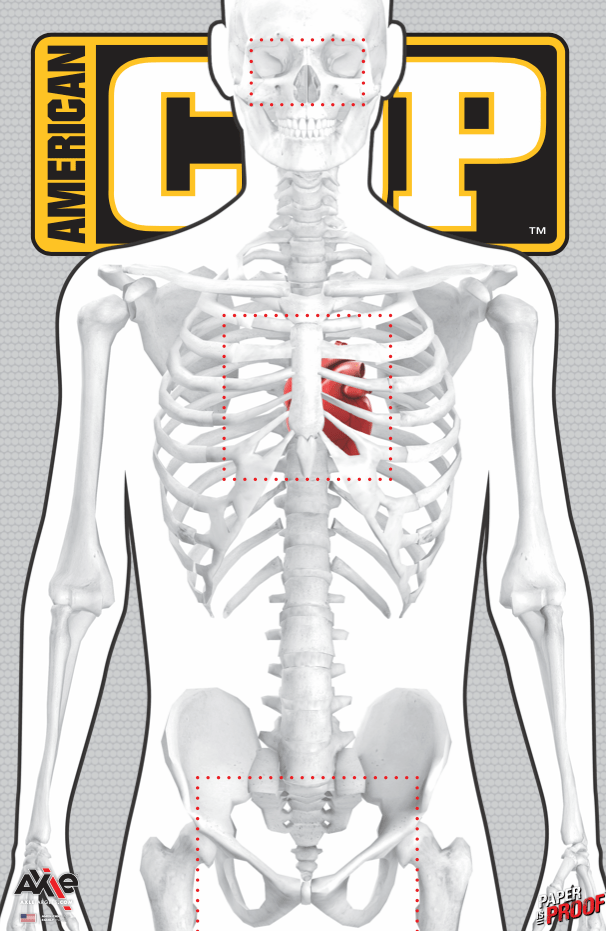 American Cop skeleton paper target with red dotted hit boxes on the skull, red heart in the ribcage and pelvis