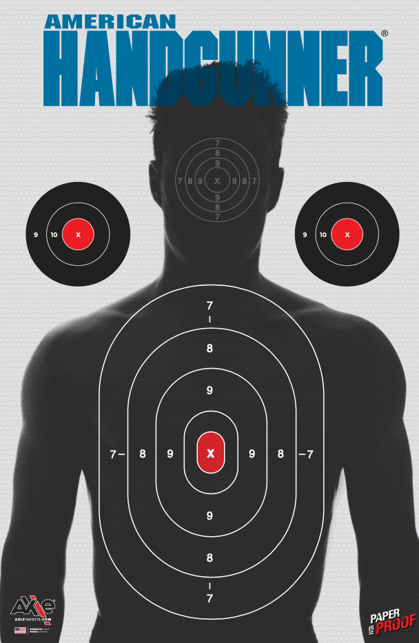 American Handgunner silhouette paper target in blue and grey with 7-8-9-X oval rings and two round head bullseyes