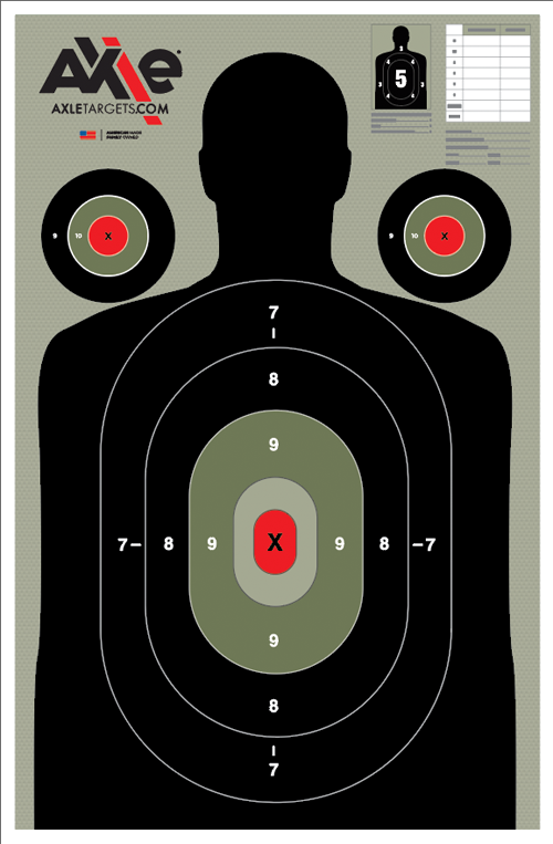 B27 Reverse target artwork on olive green with black torso, red X scoring center and a miniature score card inset