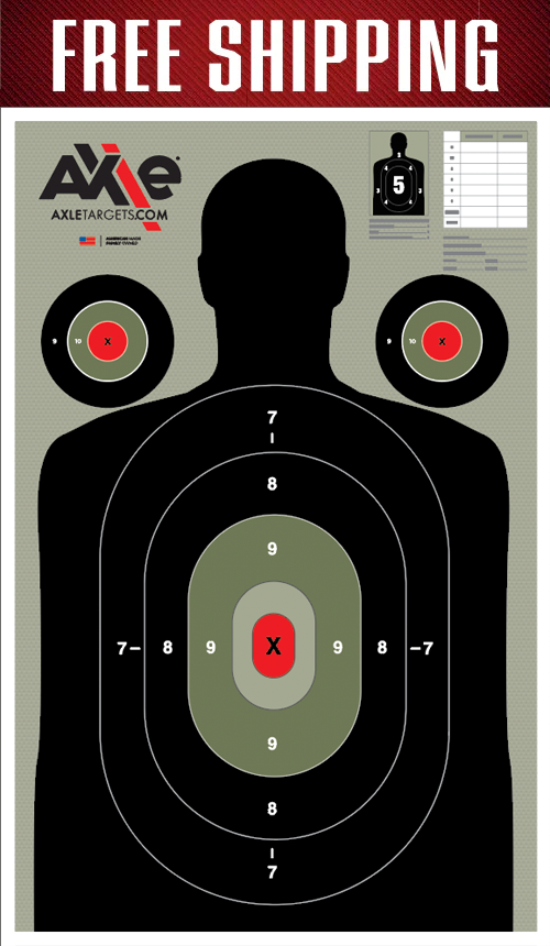 FREE SHIPPING banner over a B27 Reverse target with black silhouette, red X center ring and two circular bullseyes