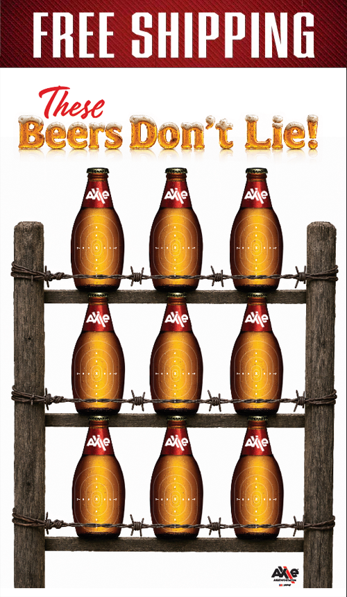 Beers Don't Lie paper shooting target under a red free shipping banner, nine beer bottles on a barbed wire fence