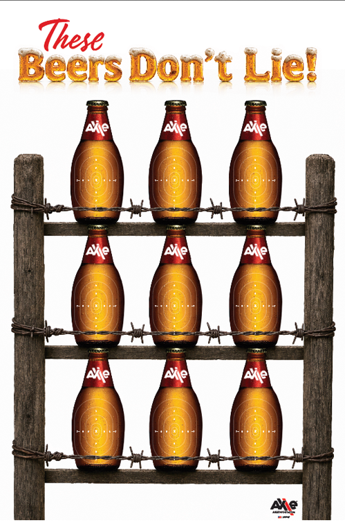 Novelty paper target with nine amber Axle-labeled beer bottles on weathered fence rails with faint aiming rings