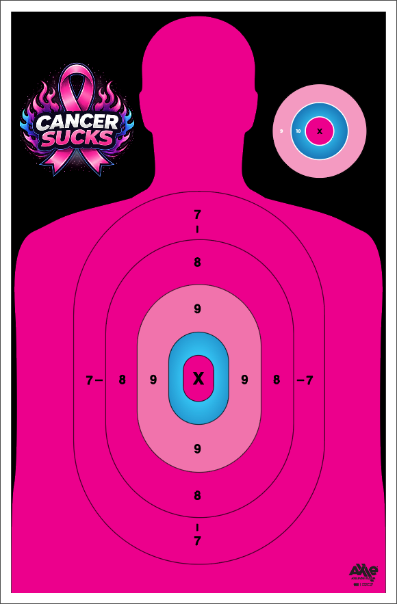 Hot pink B27 silhouette paper target on black with blue and pink center rings and a Cancer Sucks ribbon logo