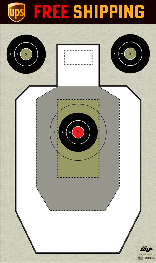 UPS Free Shipping banner over the Green Camo USPSA target, olive camouflage backdrop and black bullseye rings