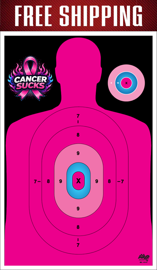 FREE SHIPPING banner above a hot pink B27 Cancer Sucks silhouette target with a flaming pink awareness ribbon