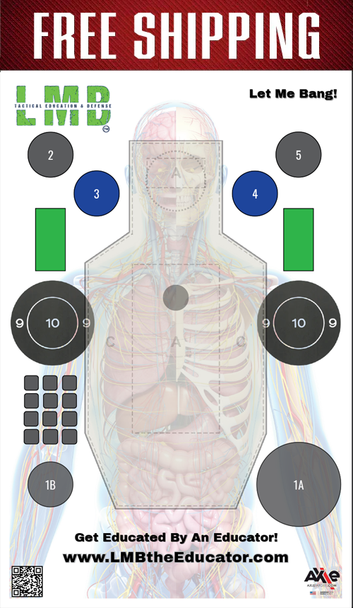 Let Me Bang LMB paper target under a Free Shipping banner, anatomy overlay with numbered circles, green bars and 9-10 rings