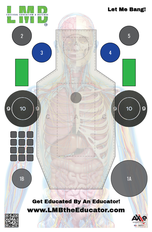 LMB Let Me Bang shooting target showing a human anatomy figure with numbered gray and blue aim circles and small square array