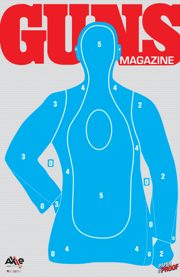 Guns Magazine B21 paper shooting target with bright blue human silhouette and white scoring numbers on gray