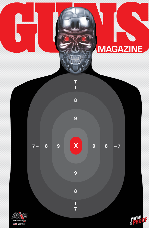 Guns Magazine B27 target topped by a chrome Terminator skull with red eyes, gray scoring ovals and red X center