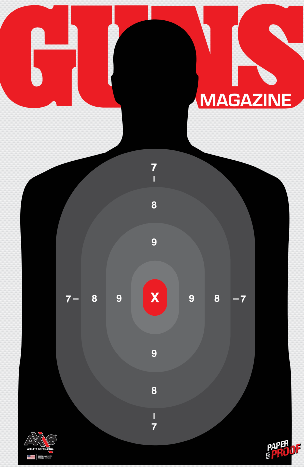 Guns Magazine B27 paper silhouette target in black with gray scoring ovals numbered 7 to 9 and a red X ring