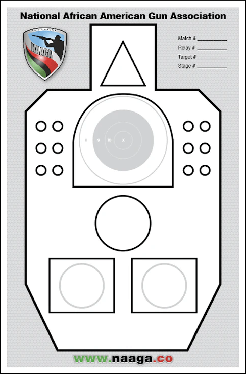 National African American Gun Association target with an 8-9-10-X chest bullseye, dot clusters and match info lines