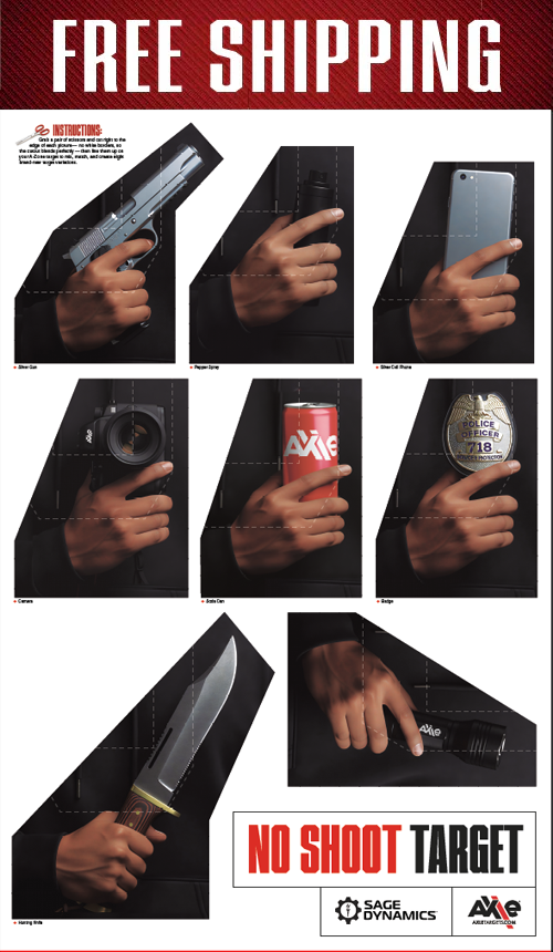 Free Shipping proof sheet showing nine cut-out hand panels holding a pistol, phone, camera, soda can, badge and knife