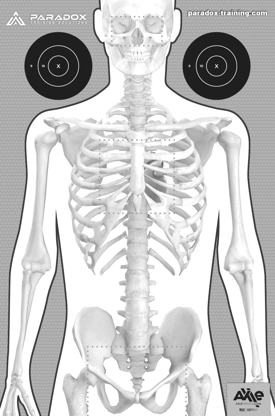 Human skeleton shooting target with aiming points