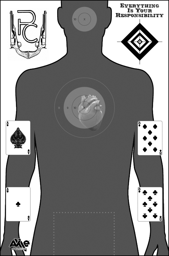 Gray Posse Comitatus silhouette target with anatomical heart scoring rings and four playing cards on the arms