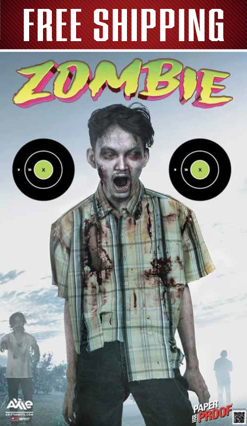 Zombie paper target with a red FREE SHIPPING banner above a bloody undead figure and twin green X bullseyes