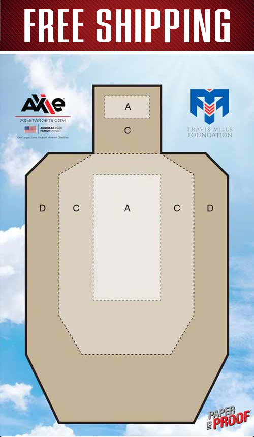 Travis Mills Foundation tan silhouette target beneath a red FREE SHIPPING banner with dashed A, C and D scoring zones