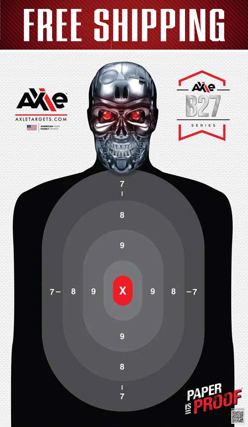 Terminator robot-head B27 paper target under a red FREE SHIPPING banner, numbered grey scoring rings and a red X