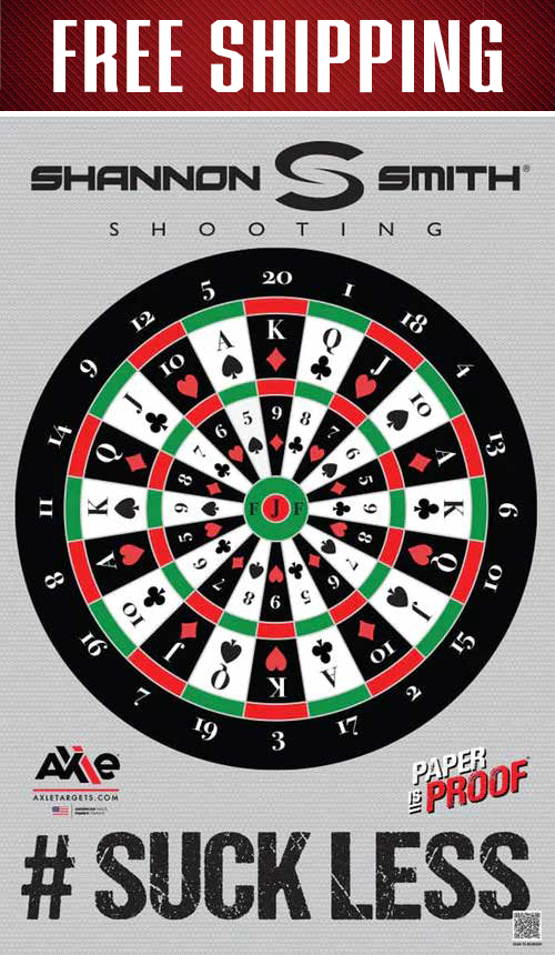 Suck Less paper target under a FREE SHIPPING banner, showing a dartboard face with card suits and #SUCK LESS lettering