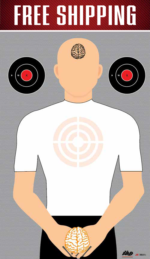 Free Shipping banner above the Political Brain Wash silhouette target with brain graphics and red X head bullseyes
