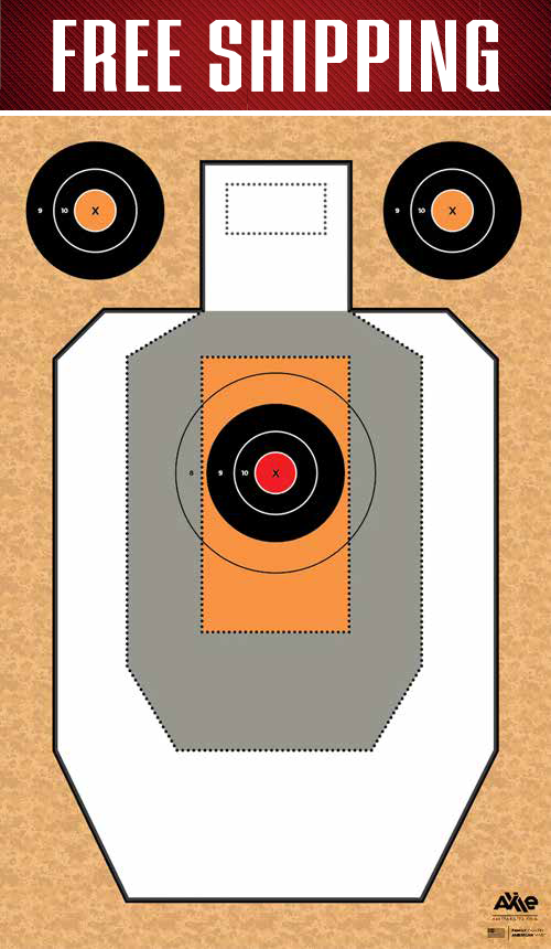 Free Shipping header over an orange camo USPSA silhouette target with two black head bullseyes and a center X ring