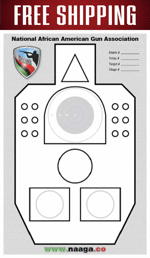 NAAGA paper qualification target under a Free Shipping banner, with chest bullseye, triangle, circles and score boxes