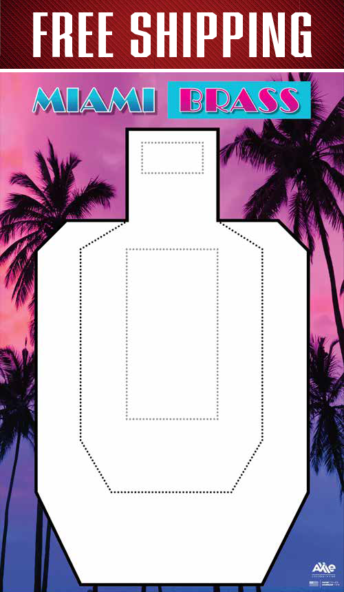Miami Brass target under a red Free Shipping banner, neon retro logo and white scored silhouette over palm trees at dusk