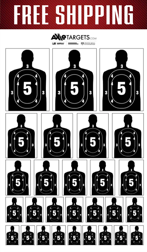 K-Reduction silhouette qualification target under a red Free Shipping banner, with five rows of progressively smaller targets
