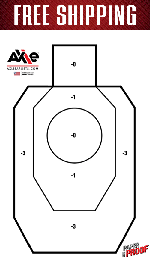 Free Shipping banner above a black and white IDPA competition target with numbered -0, -1 and -3 scoring zones