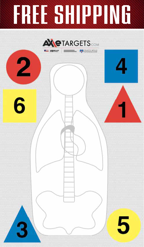 FBI QIT-99 target under a red free shipping banner, anatomy outline ringed by numbered red, blue and yellow shapes