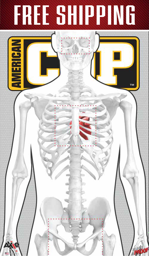 FREE SHIPPING banner above the AMERICAN COP skeleton shooting target showing marked eye, heart and pelvic zones
