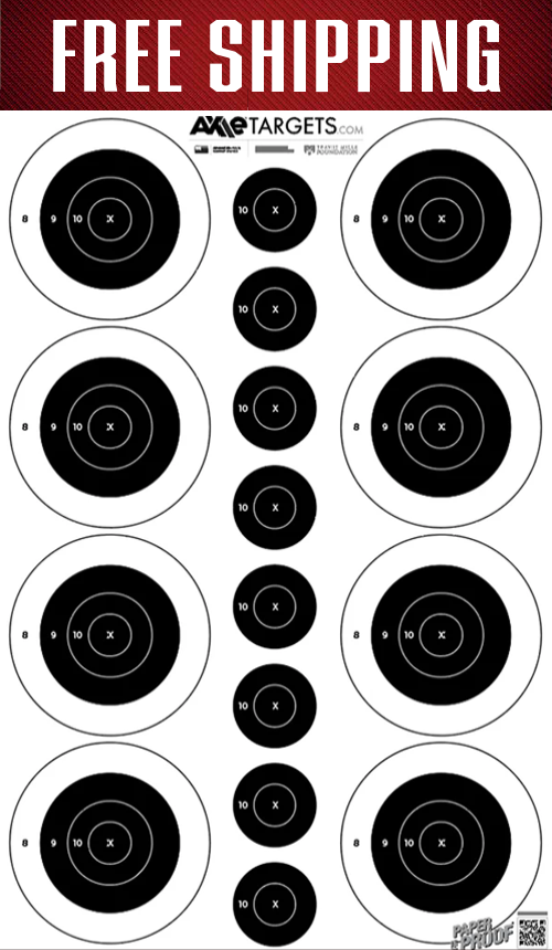 Red FREE SHIPPING banner above a B8 Cluster paper target showing rows of black bullseyes with 8, 9, 10 and X scoring rings