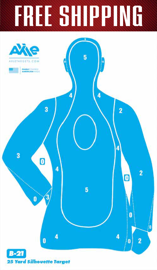 FREE SHIPPING banner above a cyan B-21 silhouette qualification target with numbered scoring zones and center oval