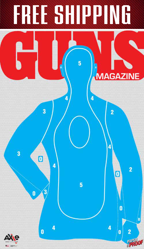 Free Shipping banner above the Guns Magazine B21 blue silhouette paper target with white scoring numbers