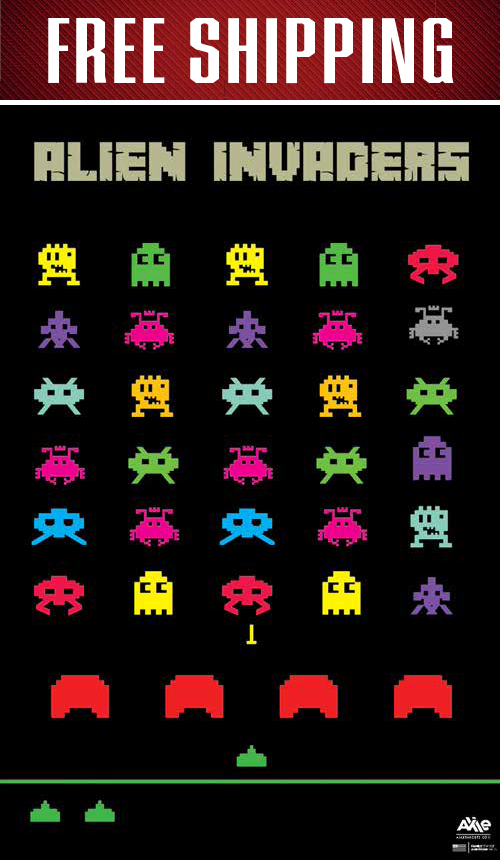 Full-color Alien Invaders paper shooting target under a red FREE SHIPPING banner, rows of pixel-art aliens on black