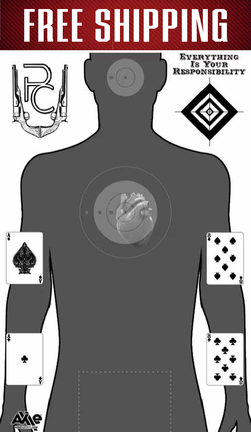 Free Shipping header over the black and gray Posse Comitatus silhouette target with ace and eight playing cards