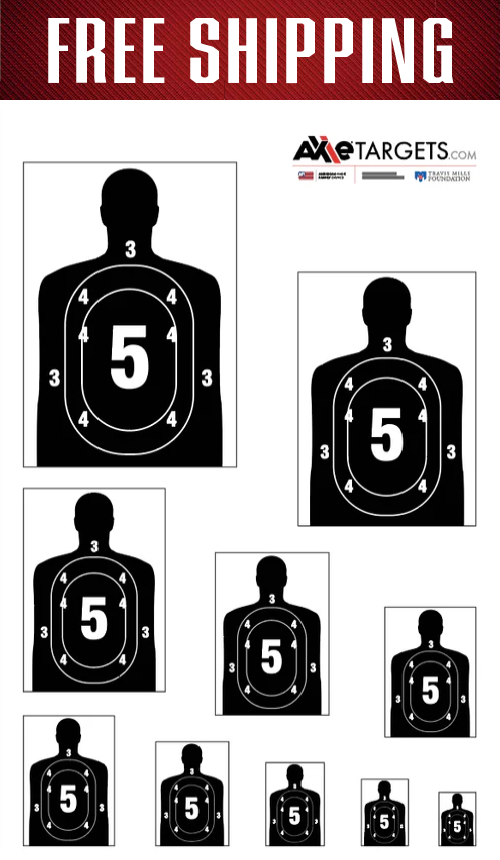 Red Free Shipping banner over the K-Sequence black and white target sheet of ten scaled silhouette targets with scoring rings