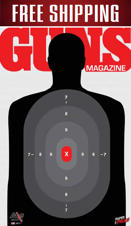 Free Shipping header over the Guns Magazine B27 black silhouette target with gray scoring ovals and red X