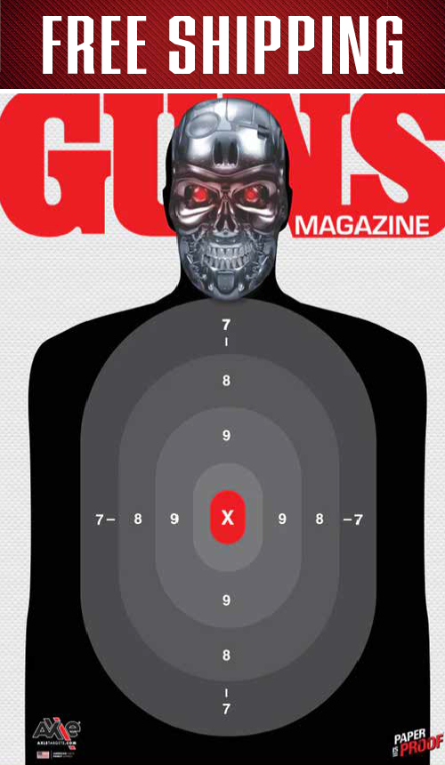 Free Shipping banner topping the Guns Magazine B27 Terminator target with chrome robot skull and red X ring