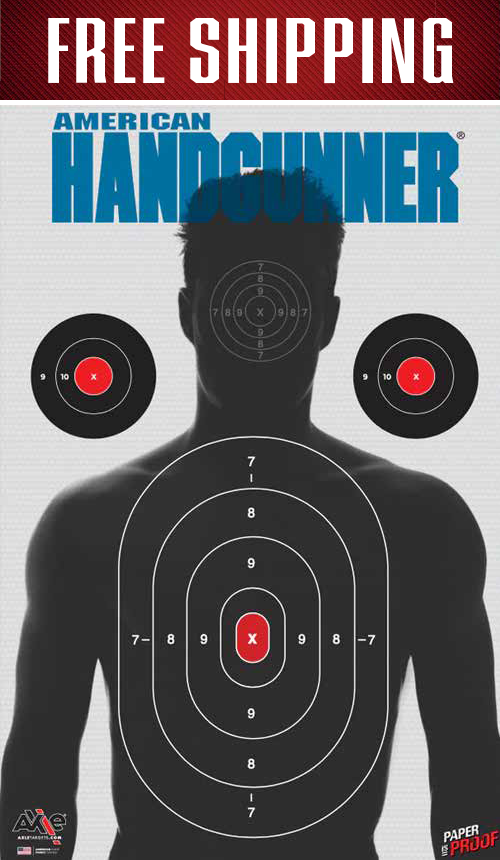 Red FREE SHIPPING banner over the American Handgunner paper shooting target with grey silhouette and red X ring