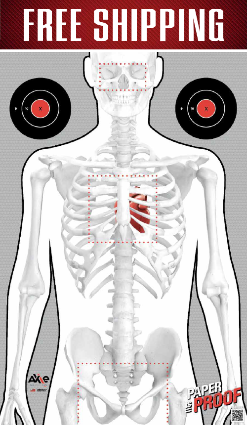 Full color skeleton target beneath a FREE SHIPPING banner, with red heart, red dotted hit zones and corner bullseyes