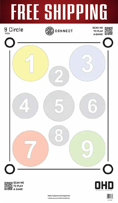 9 Circle OHD target T504 with nine numbered circles in pastel and gray, red free shipping banner on top